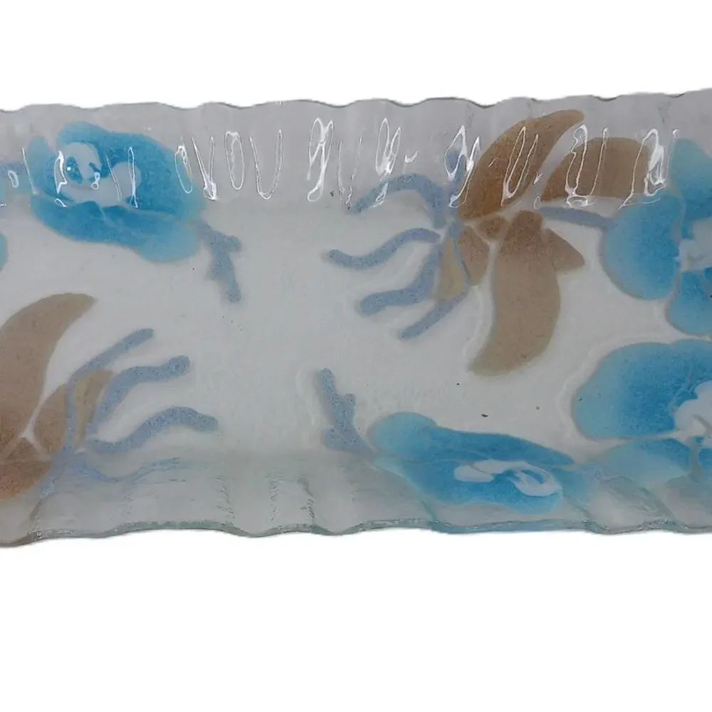 Vtg SYD Sydenstricker Blue Brown Floral Rectangular Ruffled Fused Glass Tray
